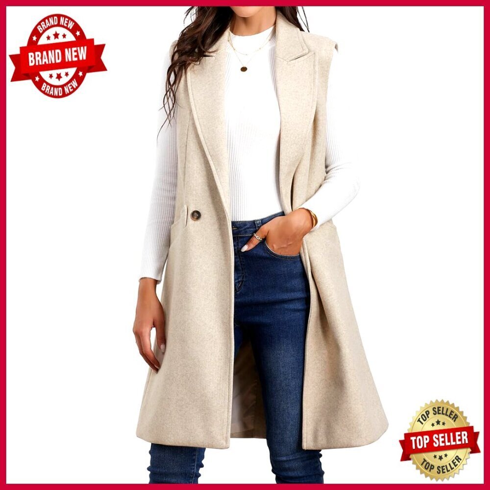 Knee Length Wool Blend Vest Sleeveless Blazer Notch Lapel Pockets